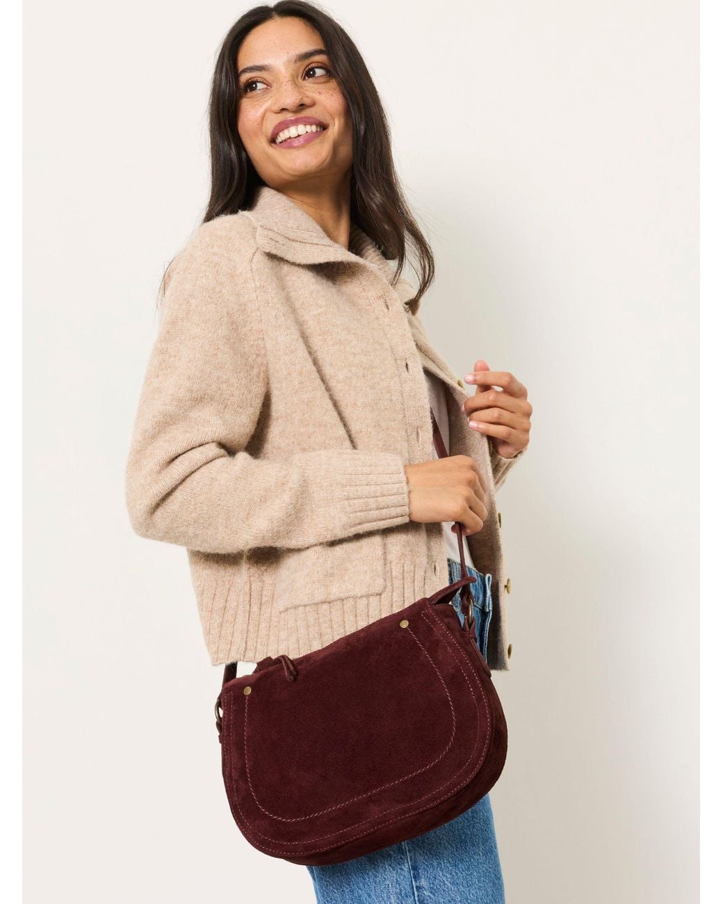 FatFace Red Fatface Burgundy Slouchy Suede Saddle Crossbody Bag