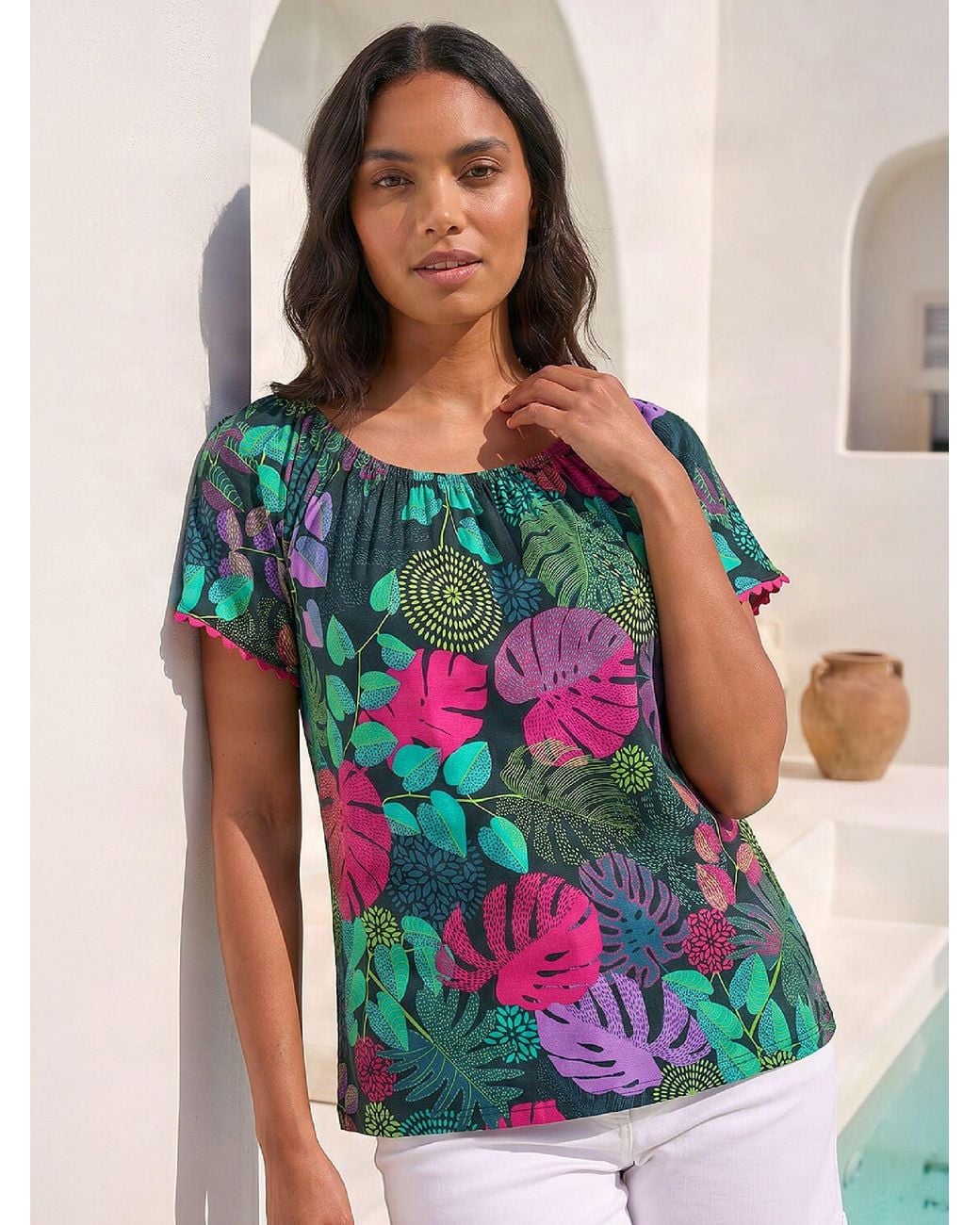 Roman Green Printed Bardot Stretch Top