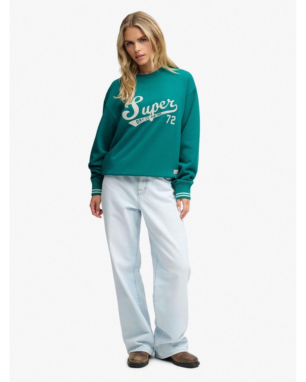 Superdry Green Varsity Script Loose Crew Sweat Top