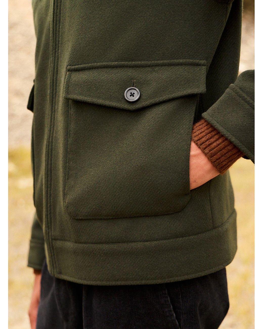 Next Green Twill Wool Blend Borg Collar Jacket for men