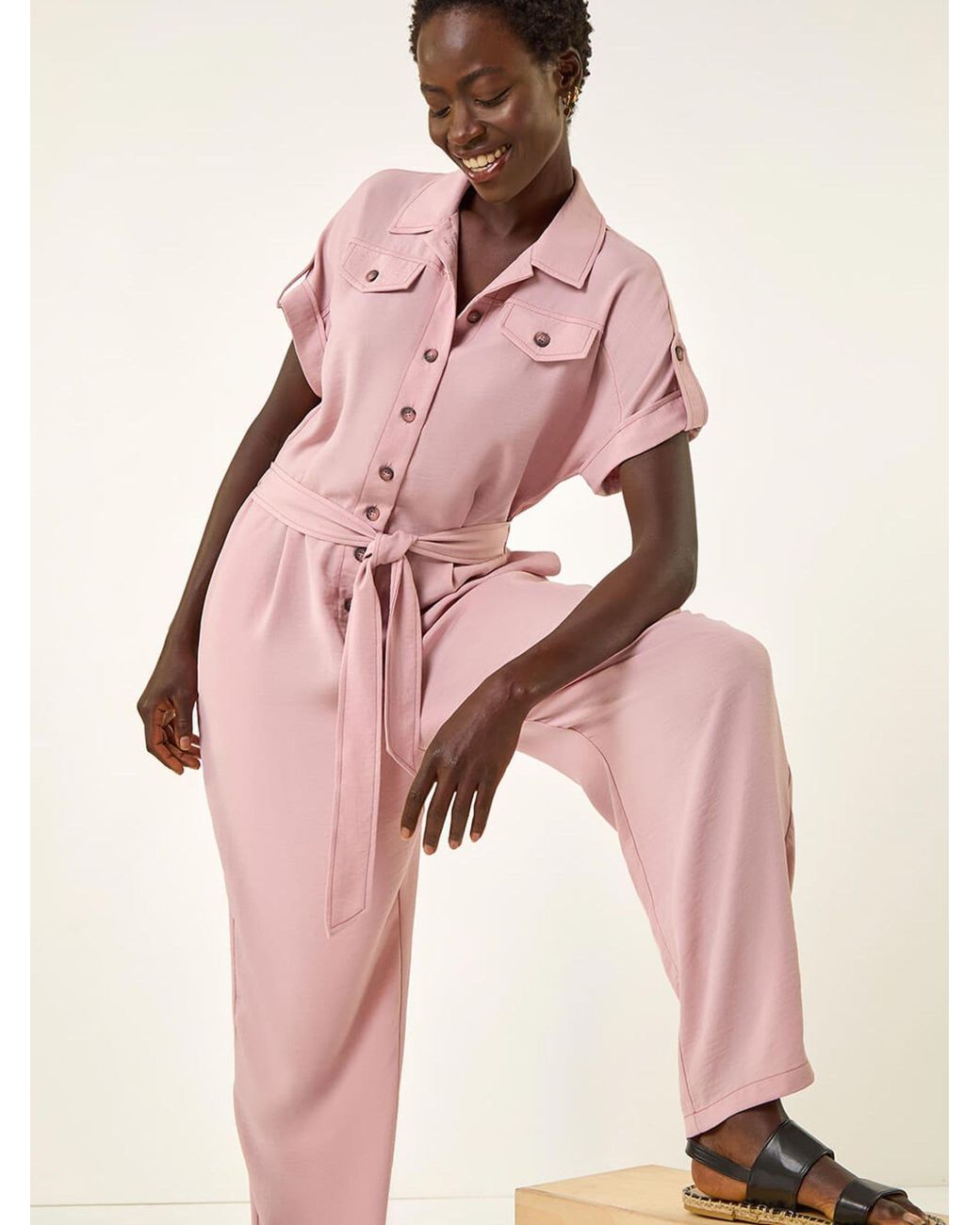 Roman Pink Utility Buttoned Jumpsuit