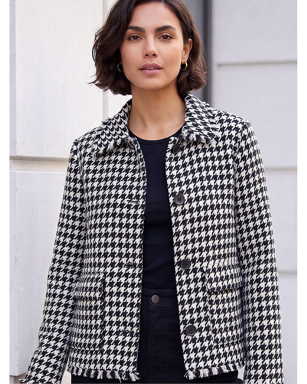 Roman White Dogtooth Frayed Jacket