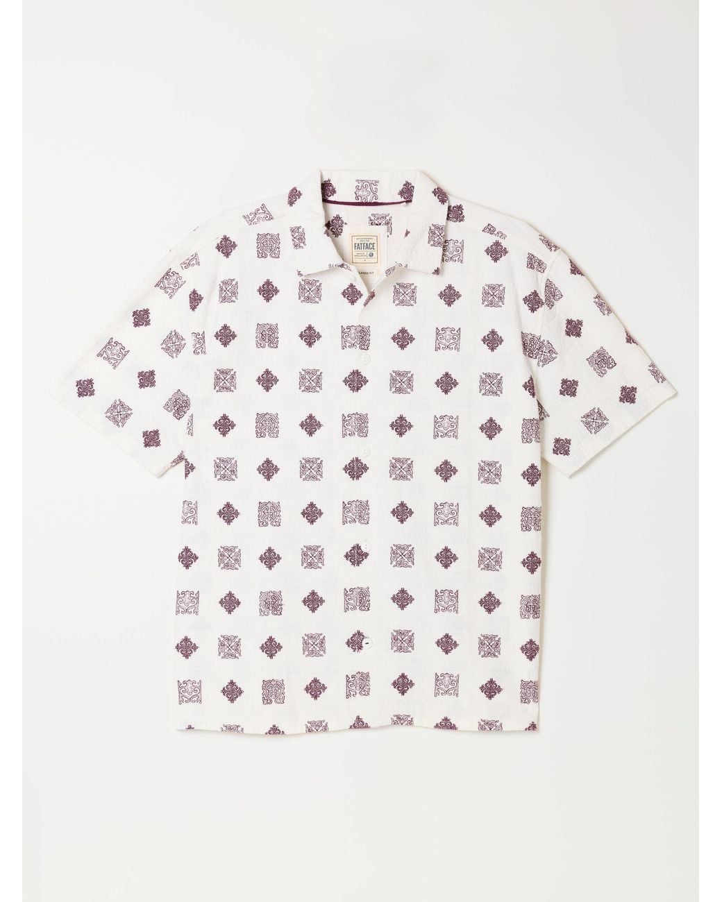 FatFace Natural Short Sleeve Relaxed Fit Placement Tile Embroidered Shirt for men