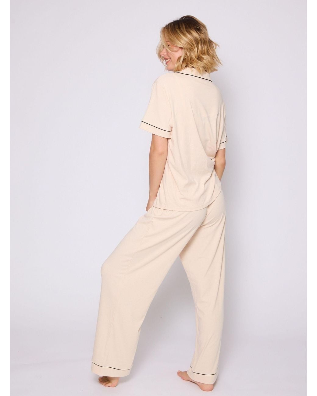 Loungeable Natural Trim Short Sleeve Soft Rib Button Through Pyjamas