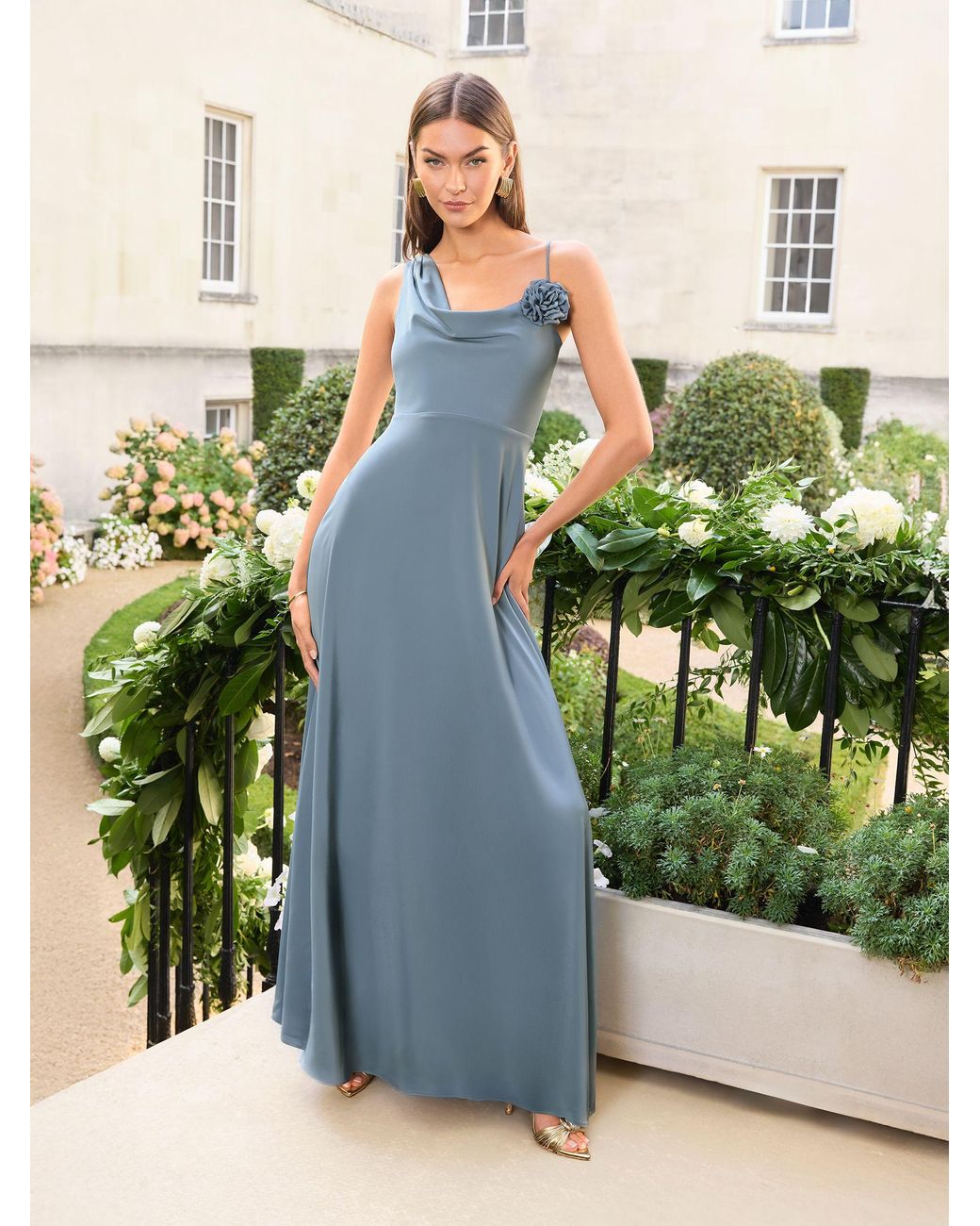 lipsy bridesmaid dresses Flutter Sleeve Cowl Neck Corsage Maxi Dress in Green Size:US 14 / EU 46 / UK 18
