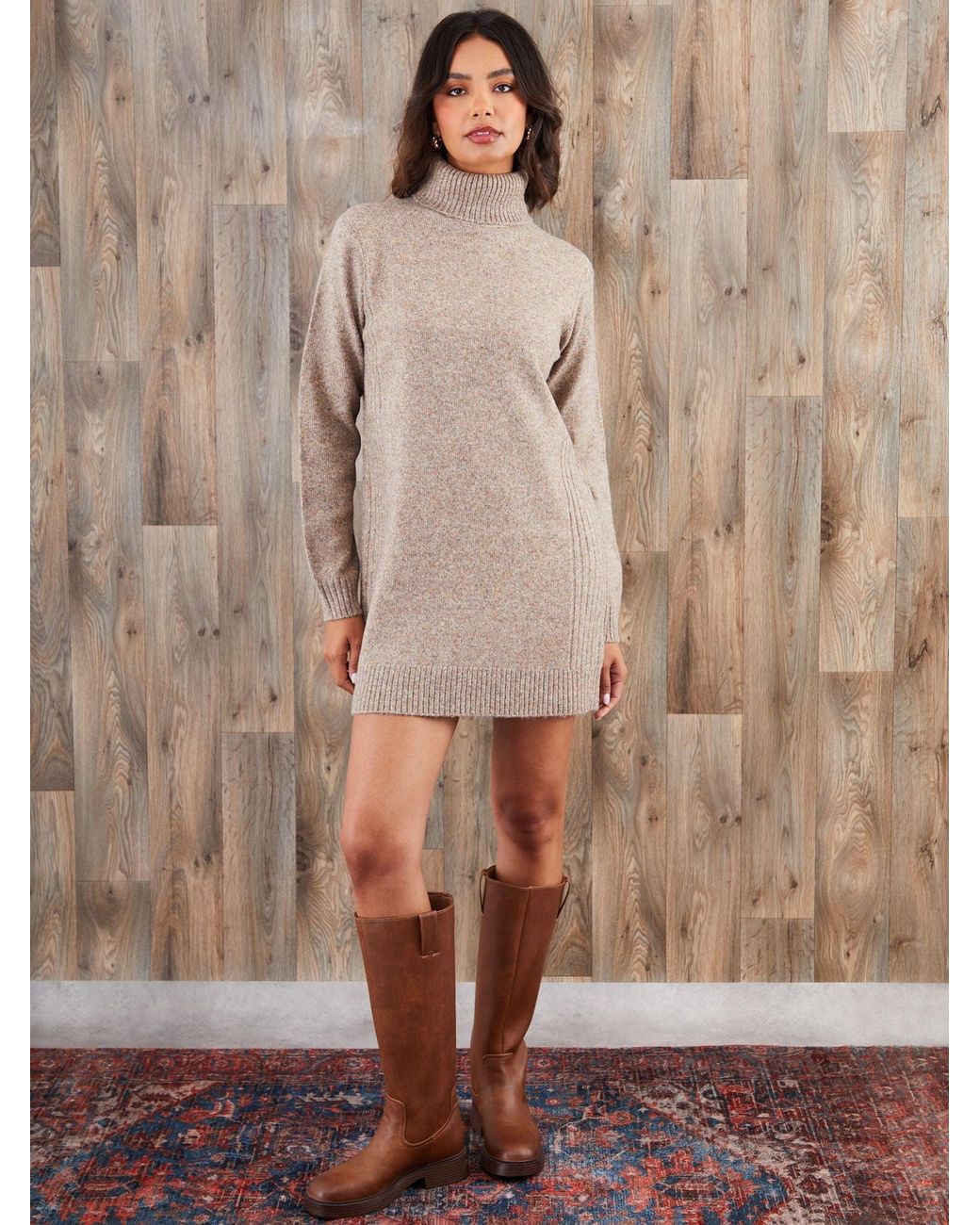 Threadbare Natural Roll Neck Knitted Mini Dress