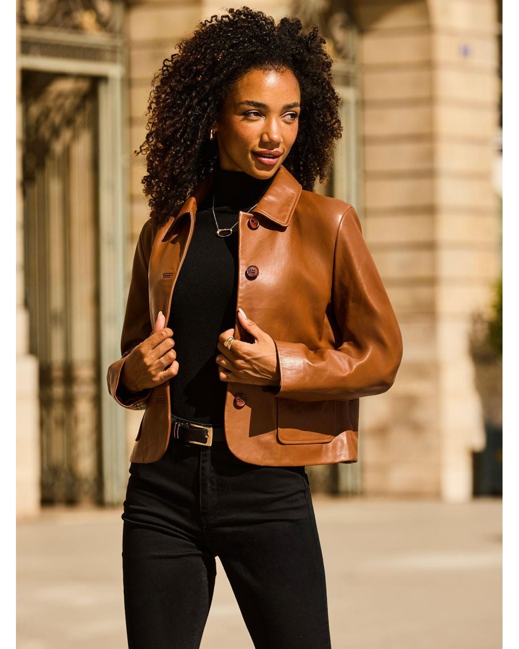 Sosandar Brown Leather Button Front Jacket