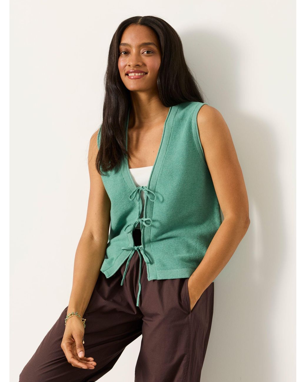 FatFace Green Fia Tie Front Knitted Vest