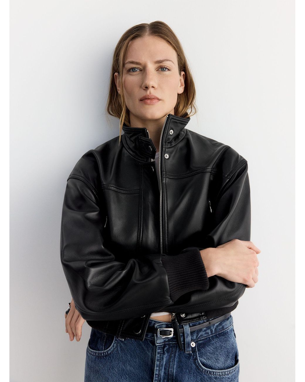 BHOEM Black Real Leather Biker Crop Jacket