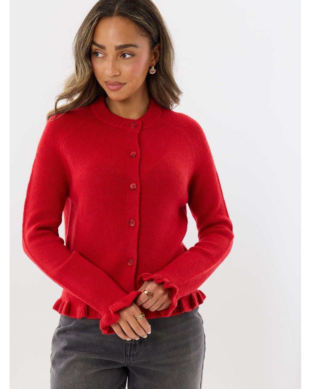 Threadbare Red Crew Neck Ruffle Cardigan