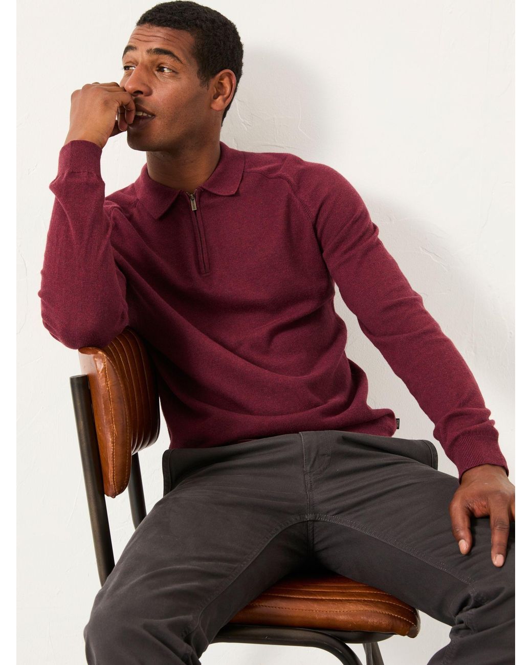 FatFace Red Rye Zip Collar Knitted Polo Jumper for men