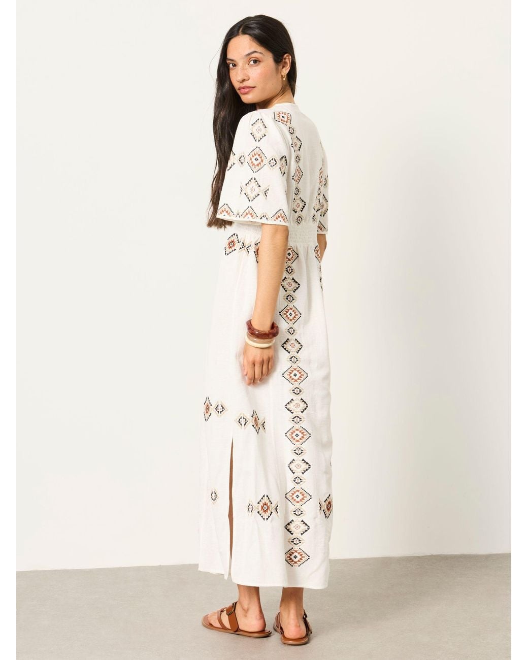 FatFace Natural Solene Petite Embroidered Midi Dress
