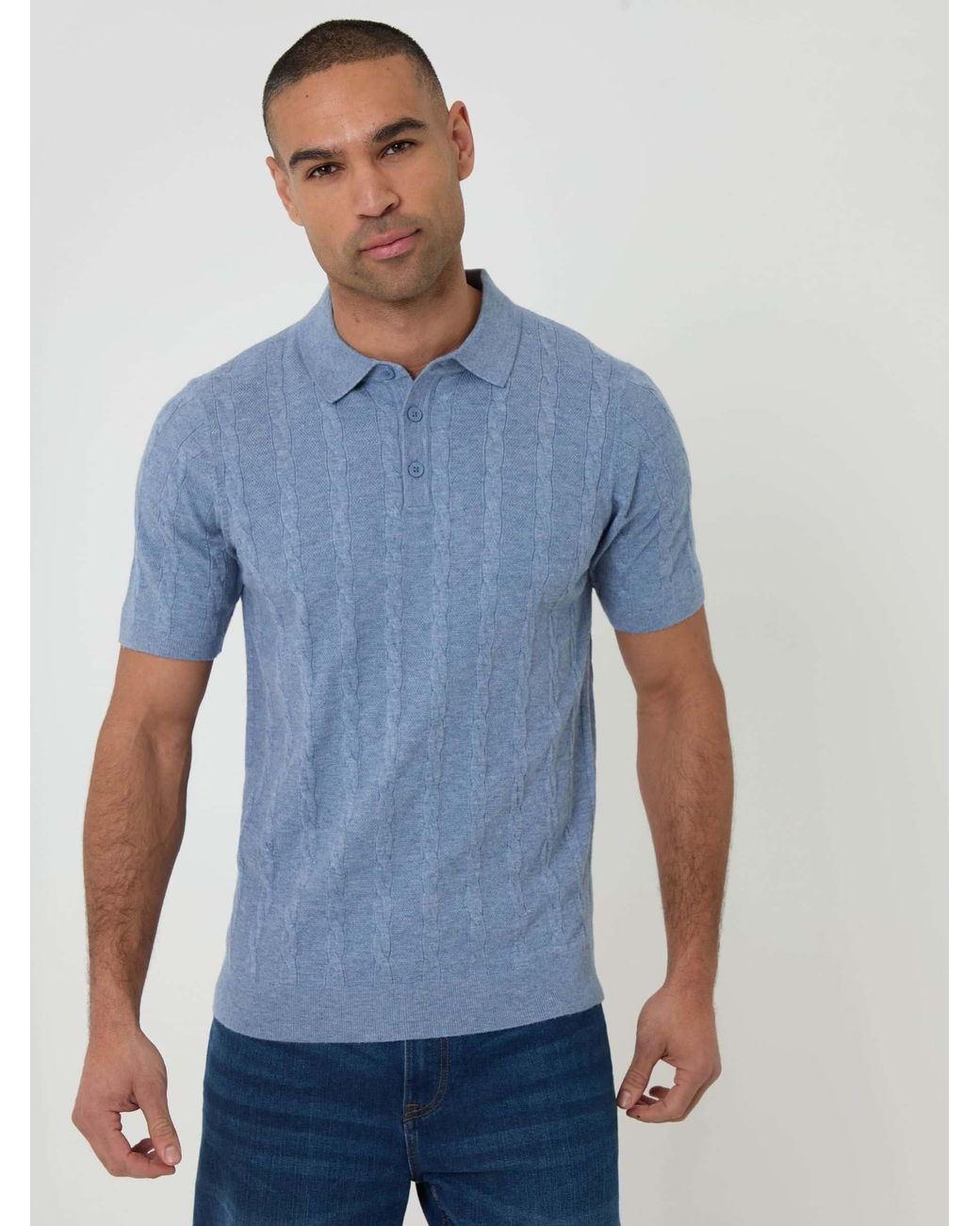 Threadbare Blue Cable Stripe Knitted Button Polo Shirt for men