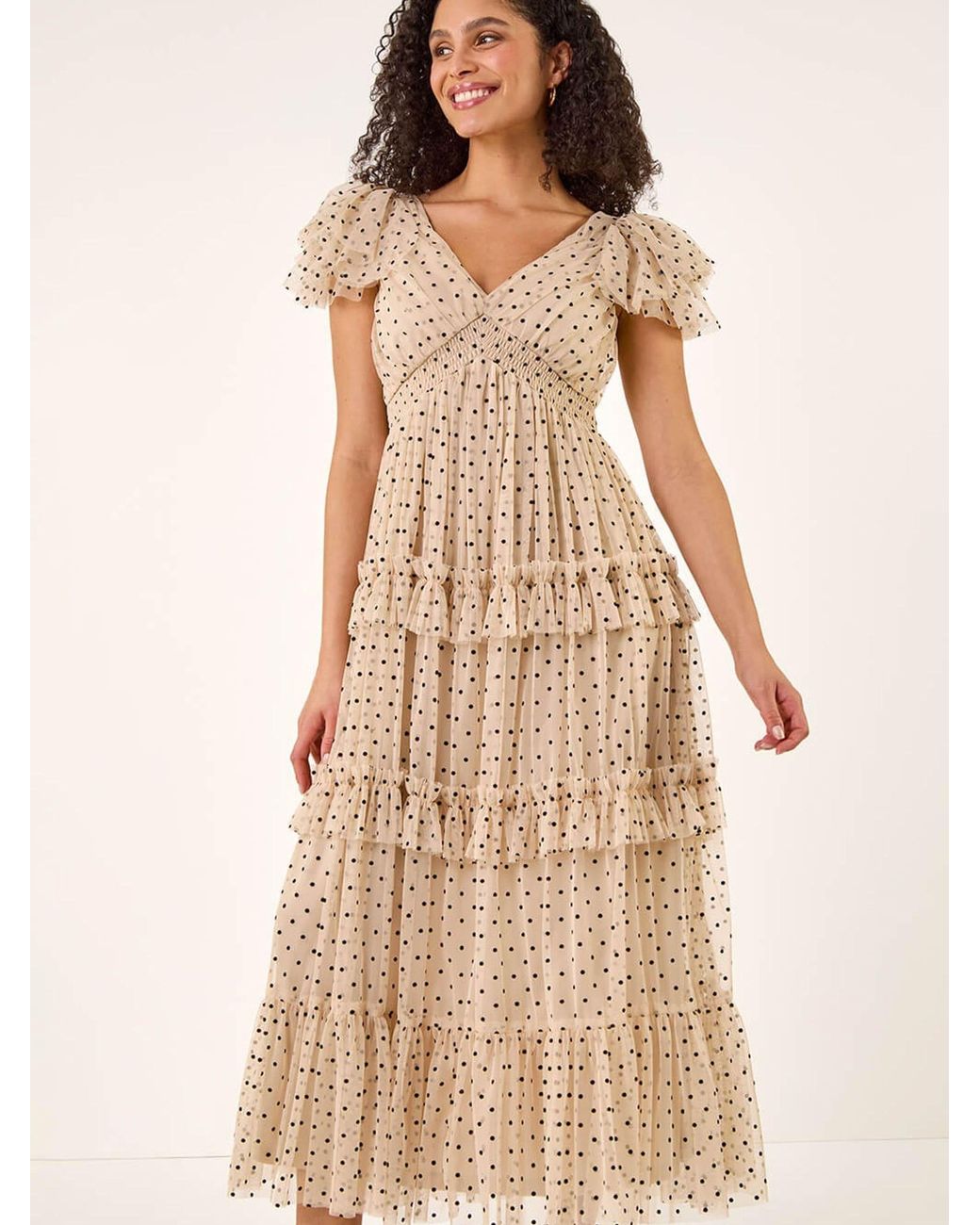 Mesh Fril Roman Mesh Frill Maxi Dress in Brown | Lyst