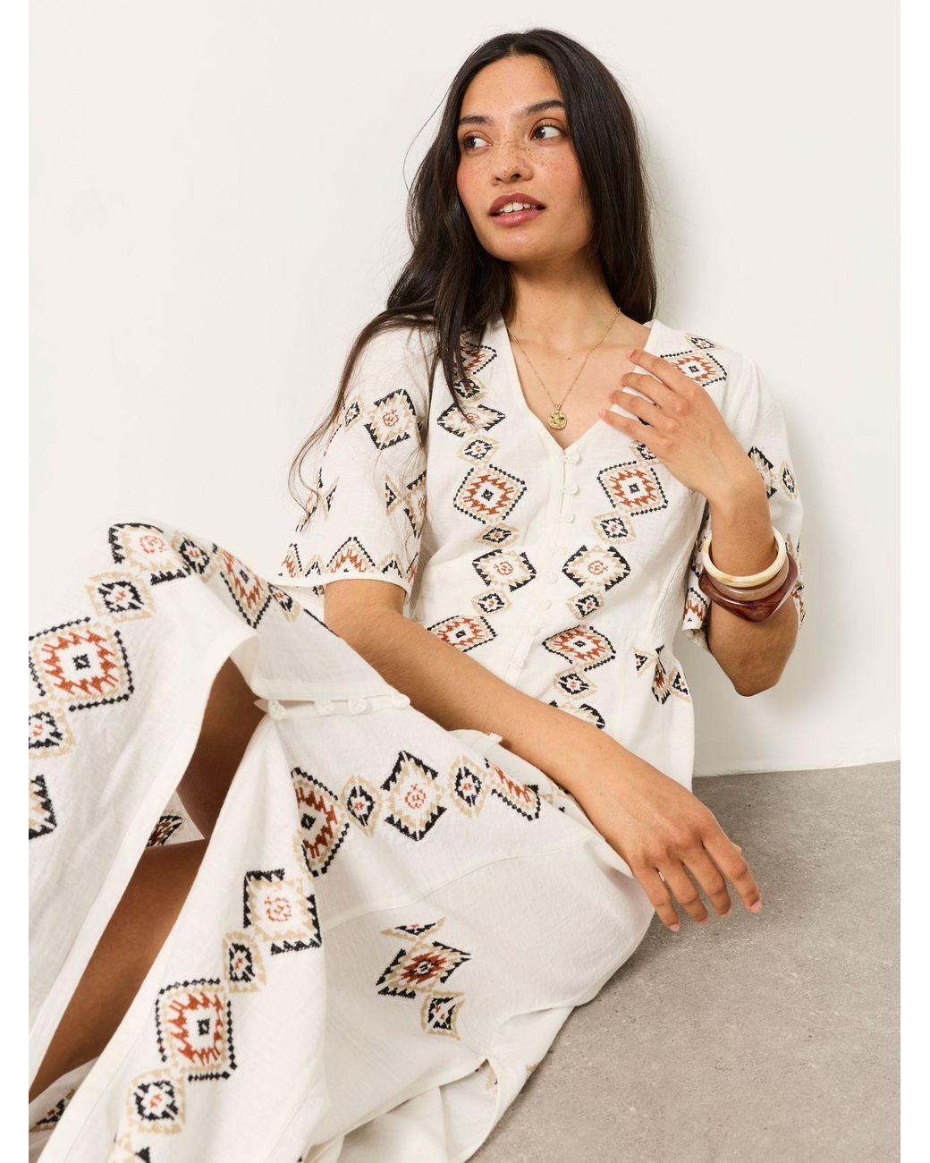 FatFace Natural Solene Petite Embroidered Midi Dress
