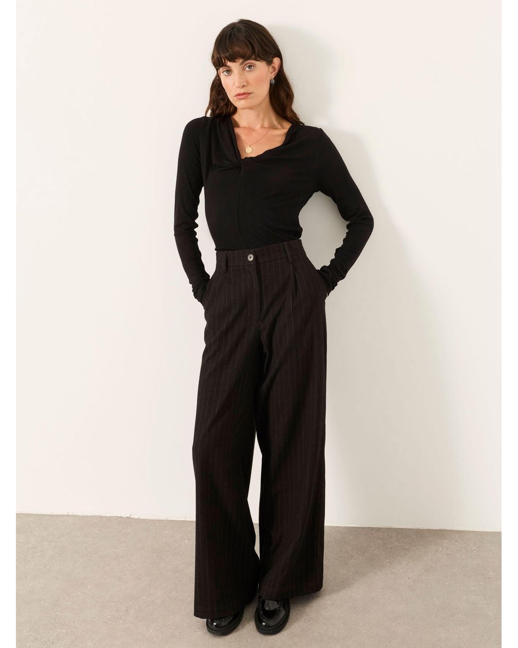 FatFace Black Amelie Pinstripe Wide Leg Trousers