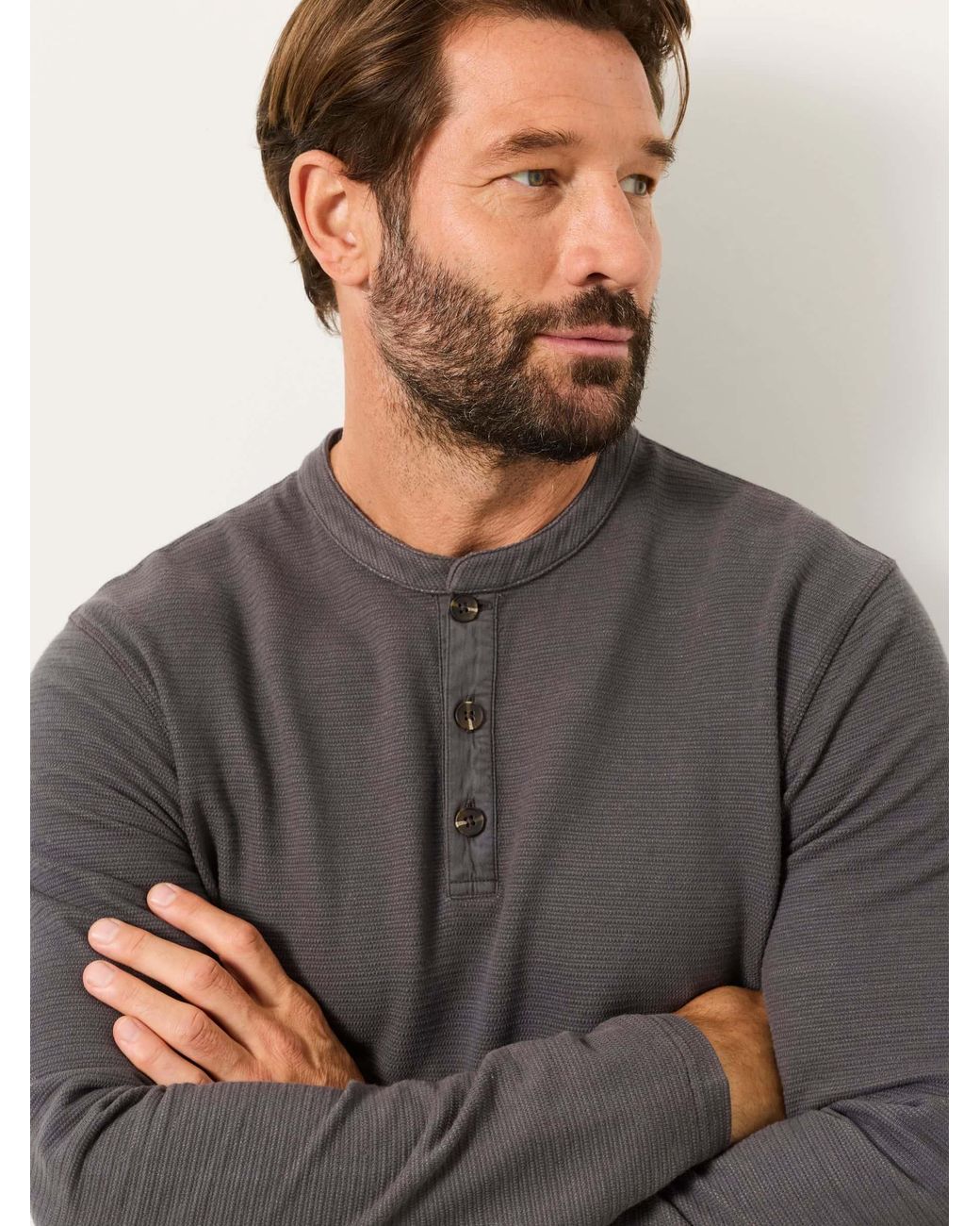 FatFace Gray Henley Long Sleeve Textured T-Shirt for men