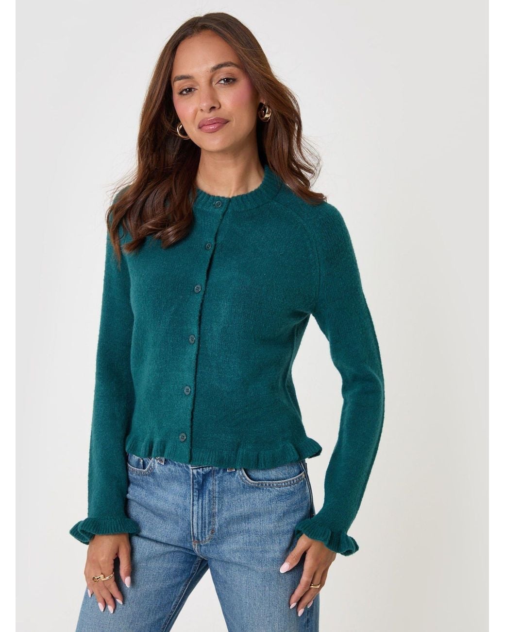 Threadbare Green Crew Neck Ruffle Cardigan