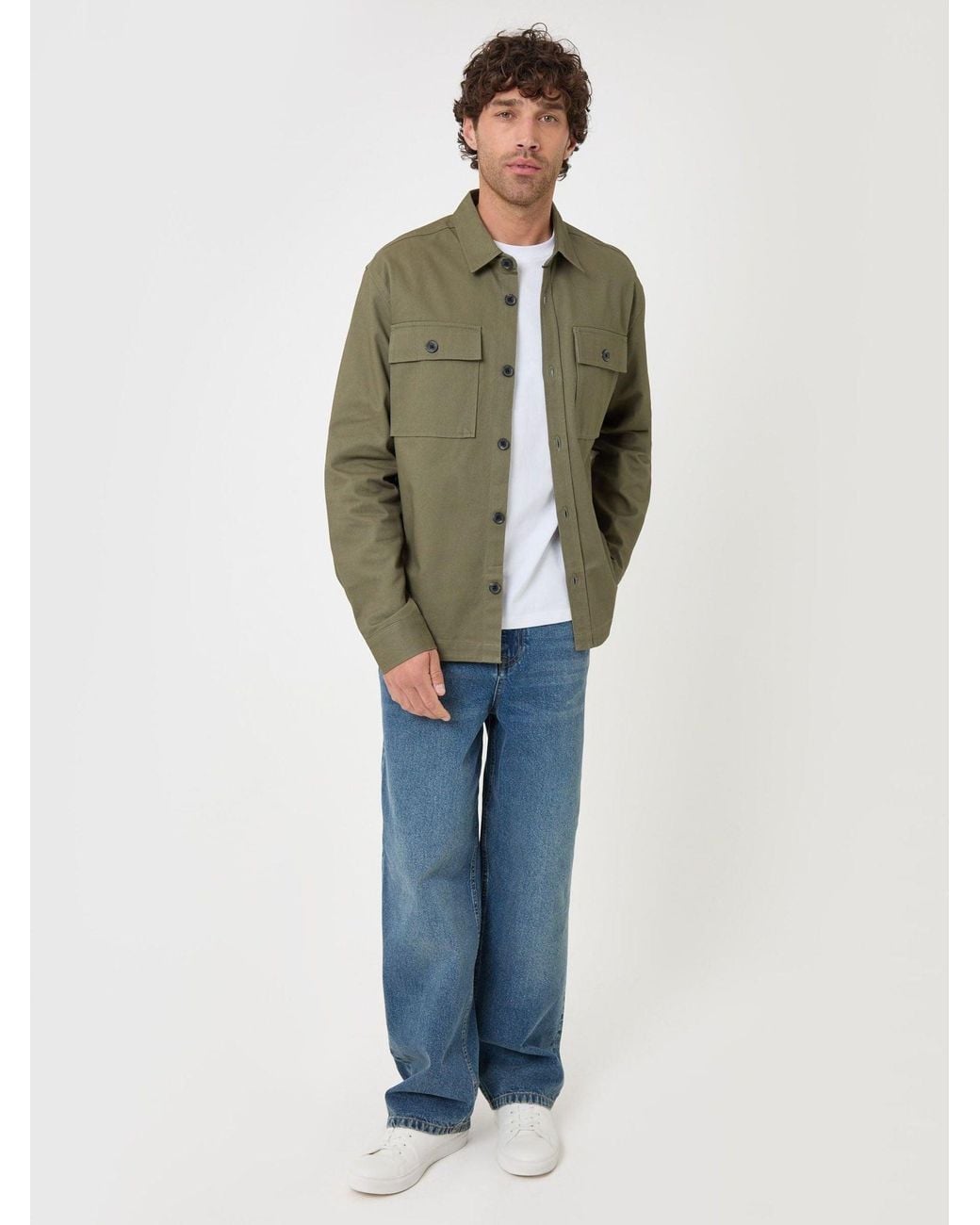 Threadbare Green Cotton Twill Shacket With Pockets for men