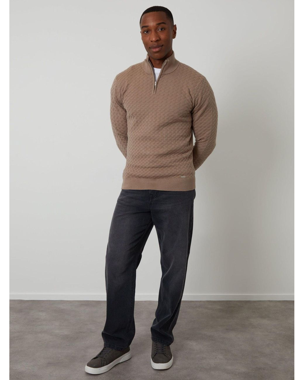 Threadbare Pink Textured Cable Knit Quarter Zip Jumper for men