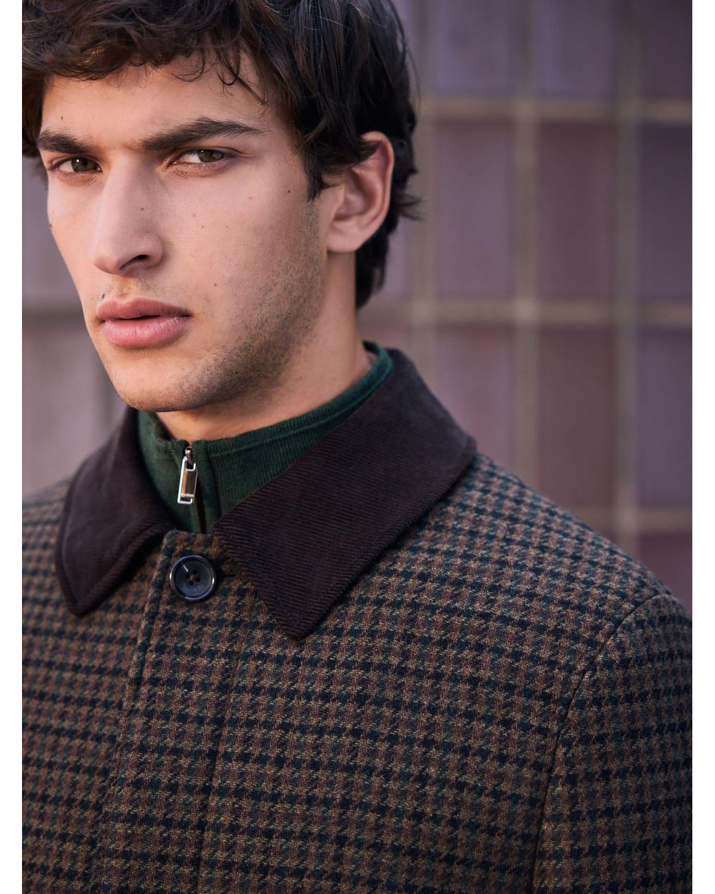 Next Brown Wool Blend Pattern Mac With Cord Collar Coat for men