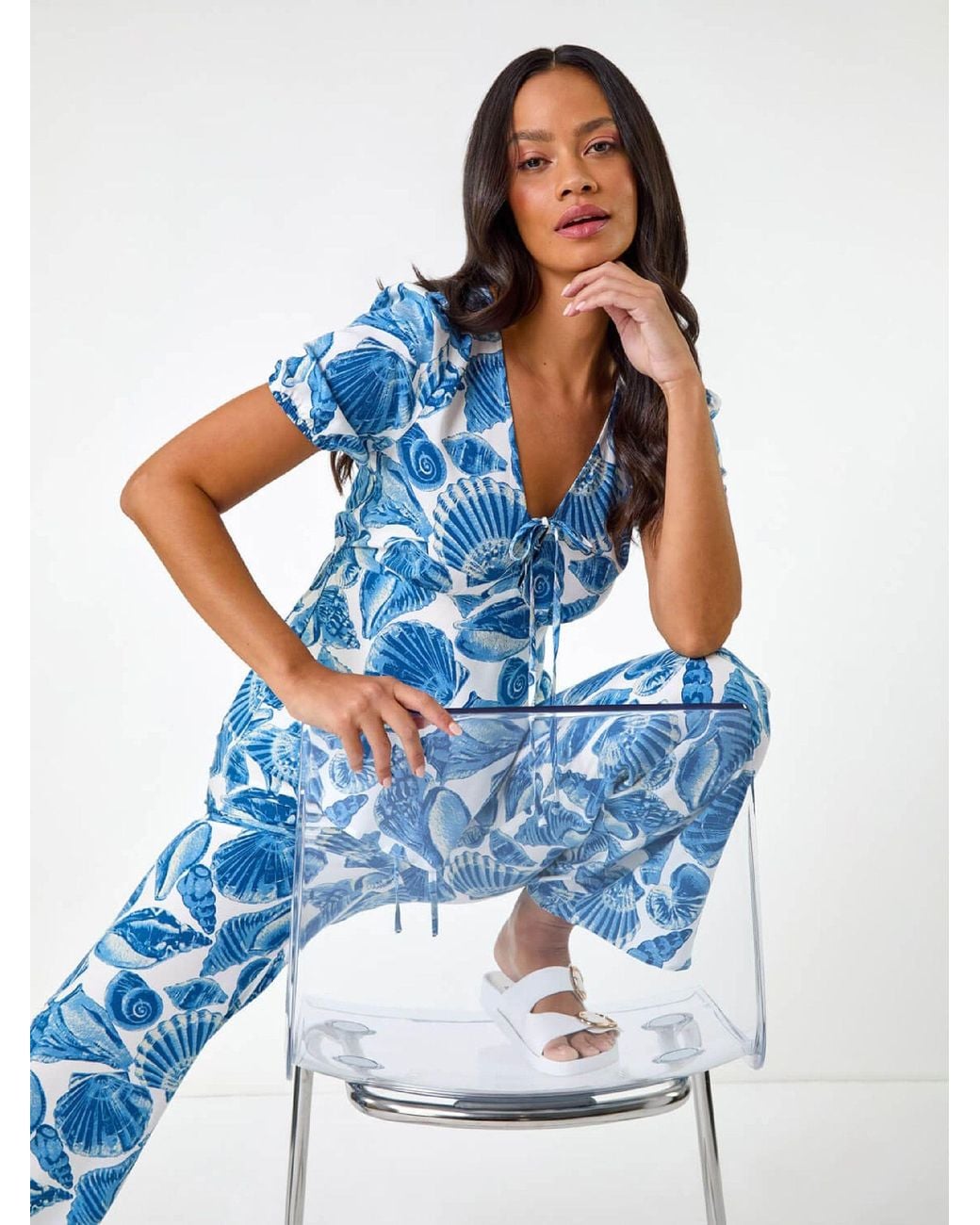 Roman Blue Muschel-Print V-Ausschnitt Bindungsshirt