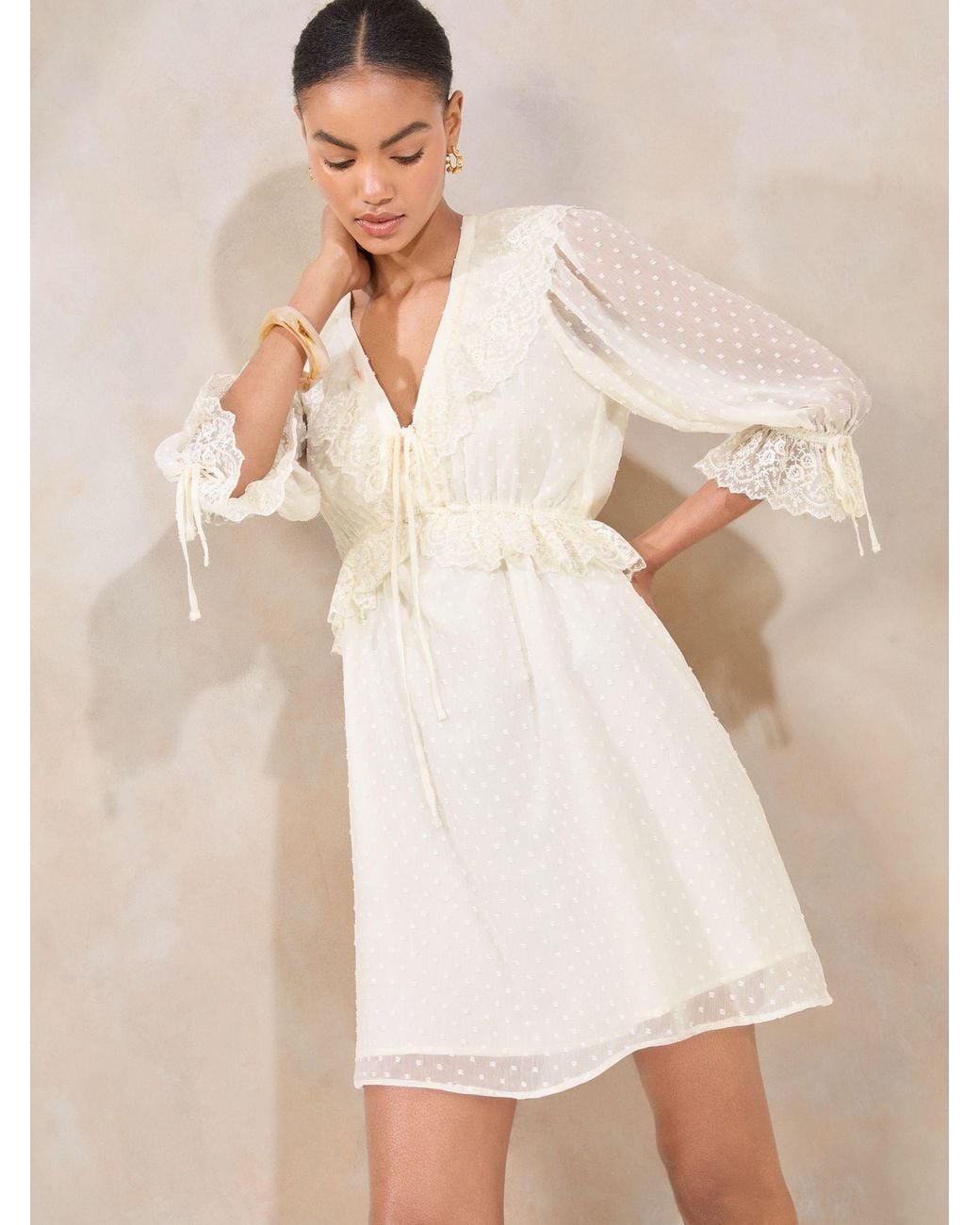 Lipsy Mini Lace Mix Ruffle V-Neck Dress in Natural | Lyst