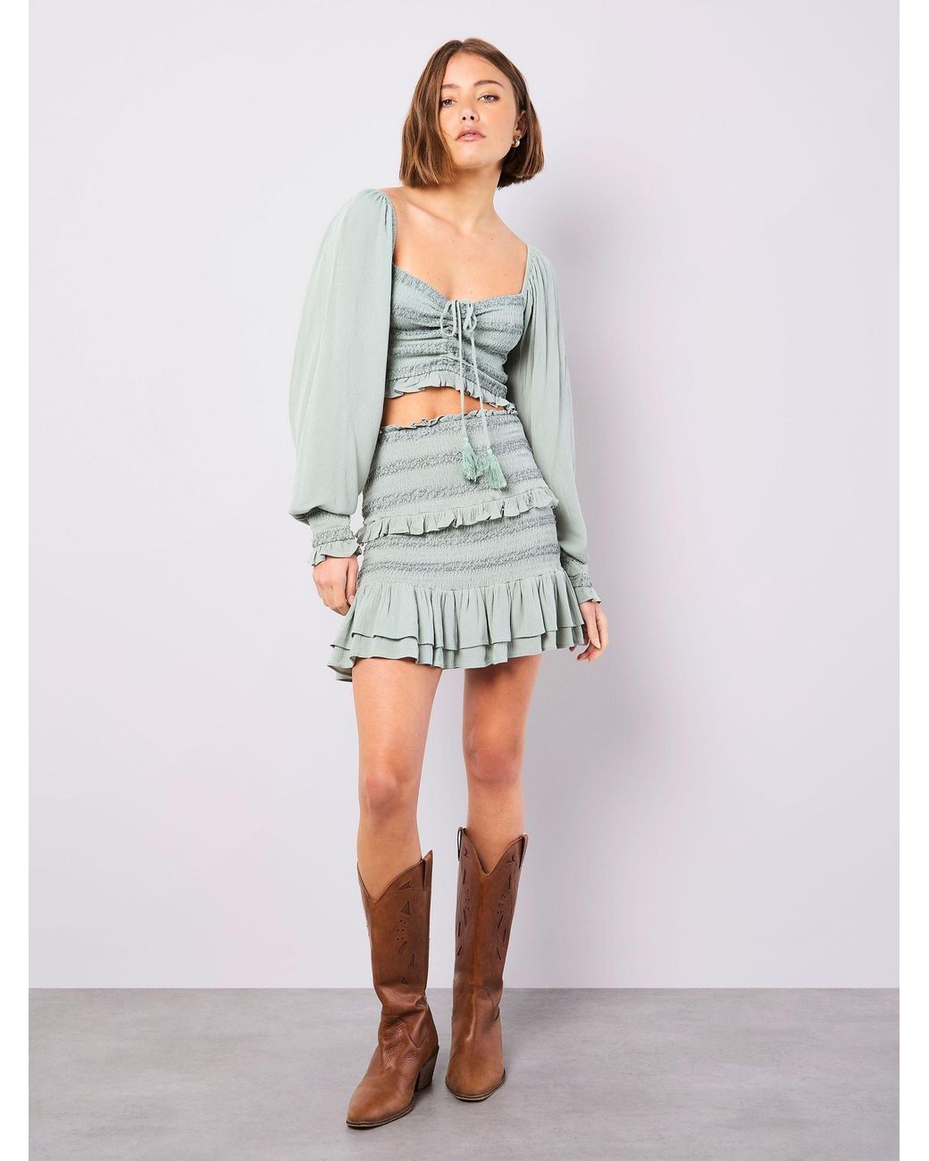 Apricot Gray Smocked Tassel Crop Long Sleeve Blouses