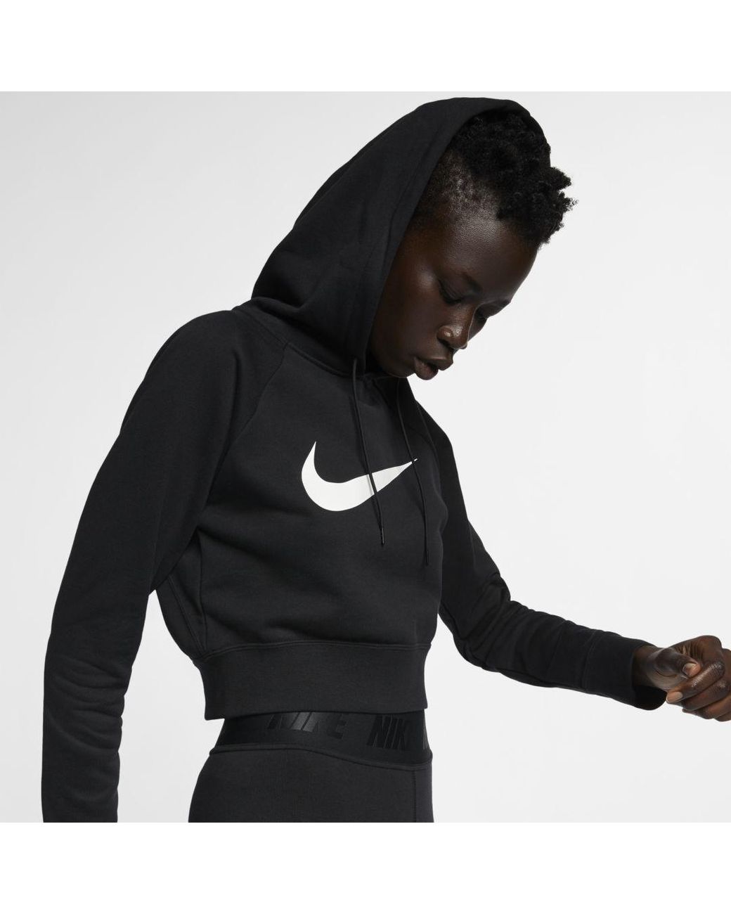 Nike Sportswear Swoosh Cropped French Terry Hoodie in Black | Lyst