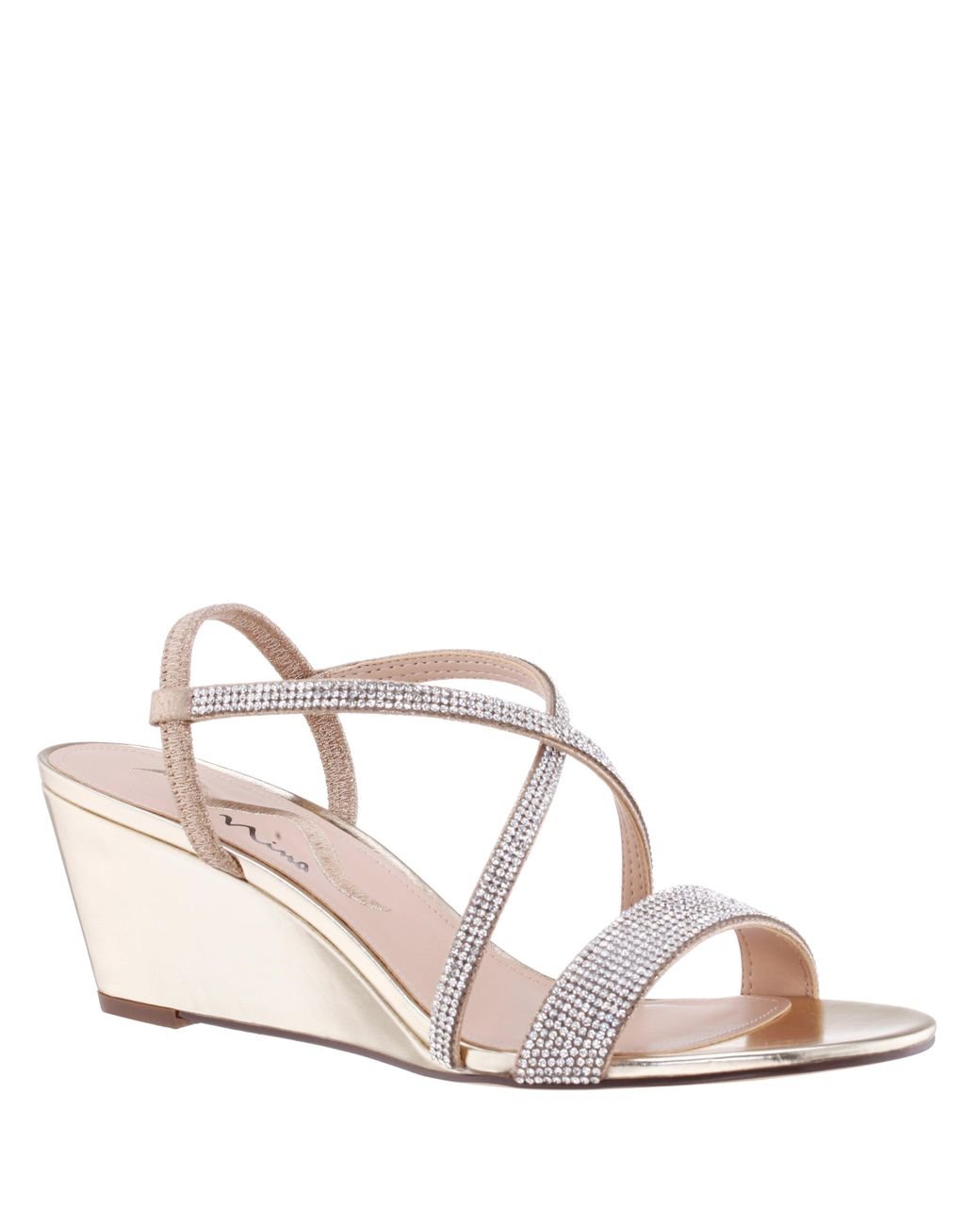 Nina Nixon-gold Metallic Crystal Low-heel Wedge Dressy Sandal in Pink | Lyst