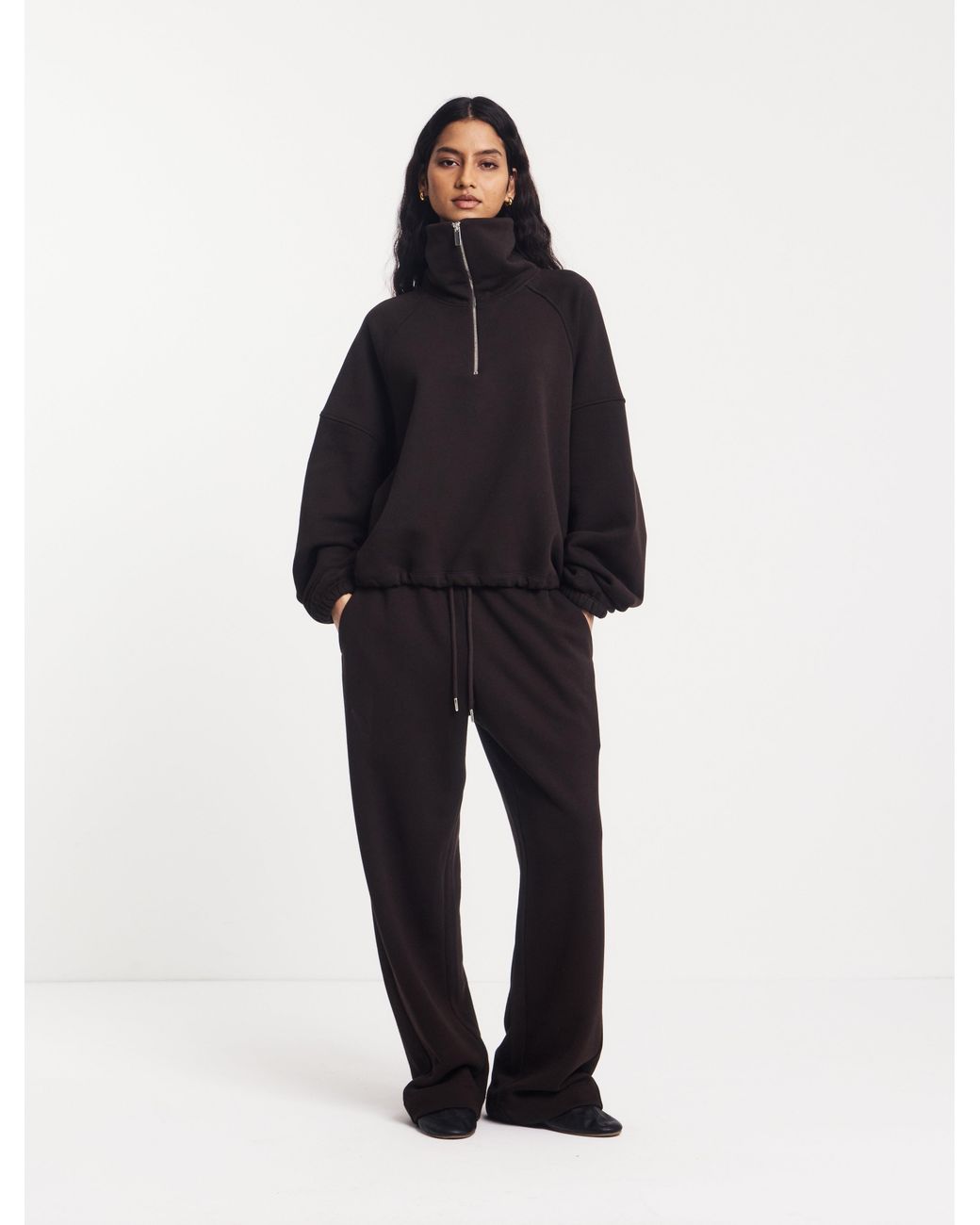 NINETY PERCENT Black Classic Half Zip Sweatshirt In Bitter Chocolate