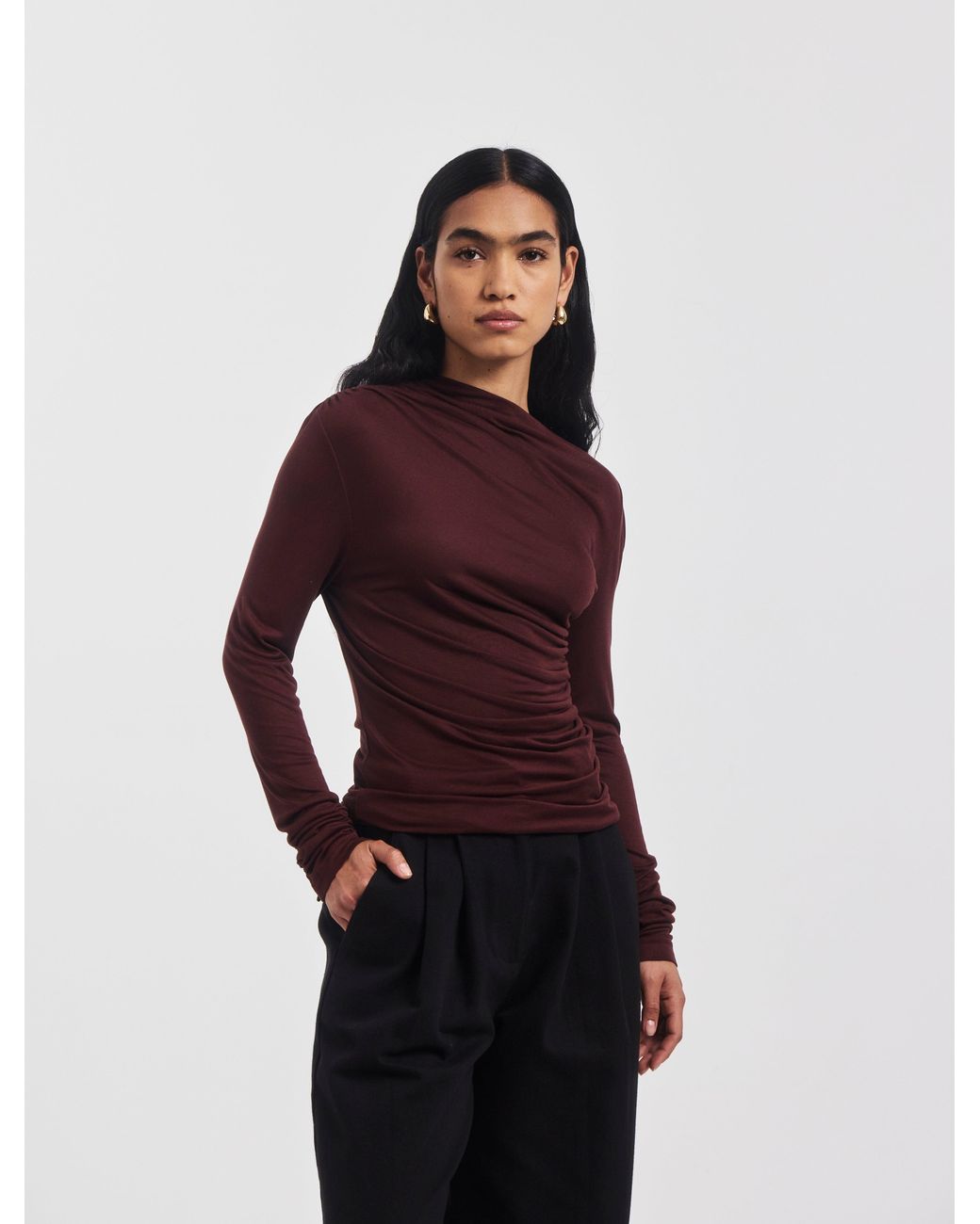 NINETY PERCENT Red Iphis Draped Long Sleeve Top In Bordeaux