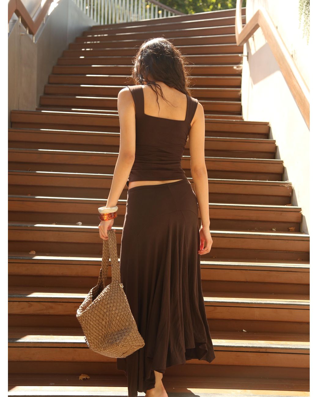 NINETY PERCENT Green Aki Cami Top In Bitter Chocolate