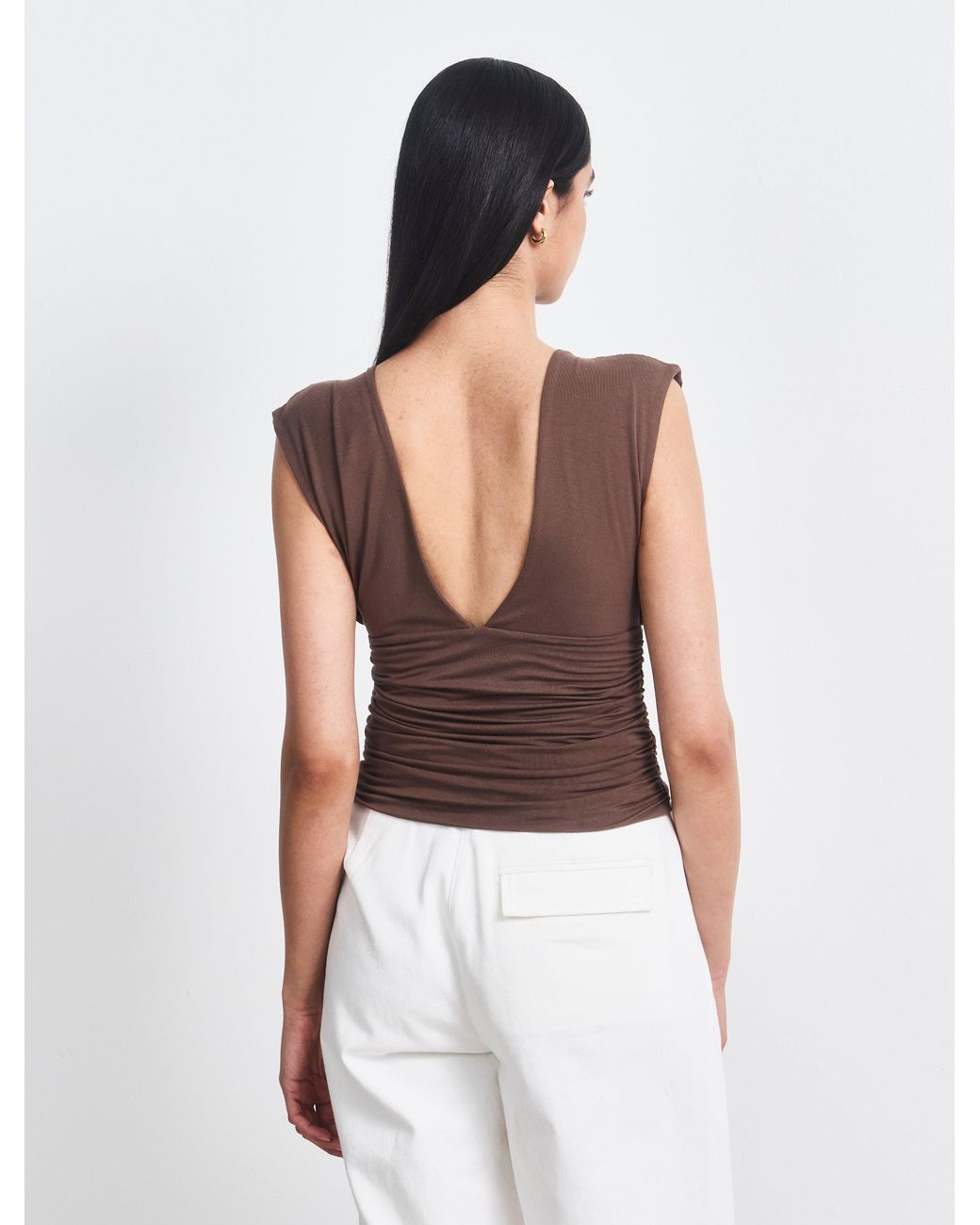 NINETY PERCENT White Orla Low V Neck Rouch Side Top In Mocha