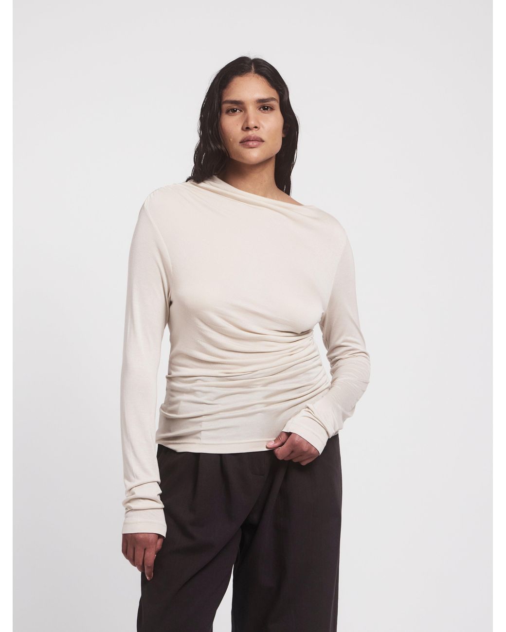 NINETY PERCENT Natural Iphis Draped Long Sleeve Top In Enoki Mushroom