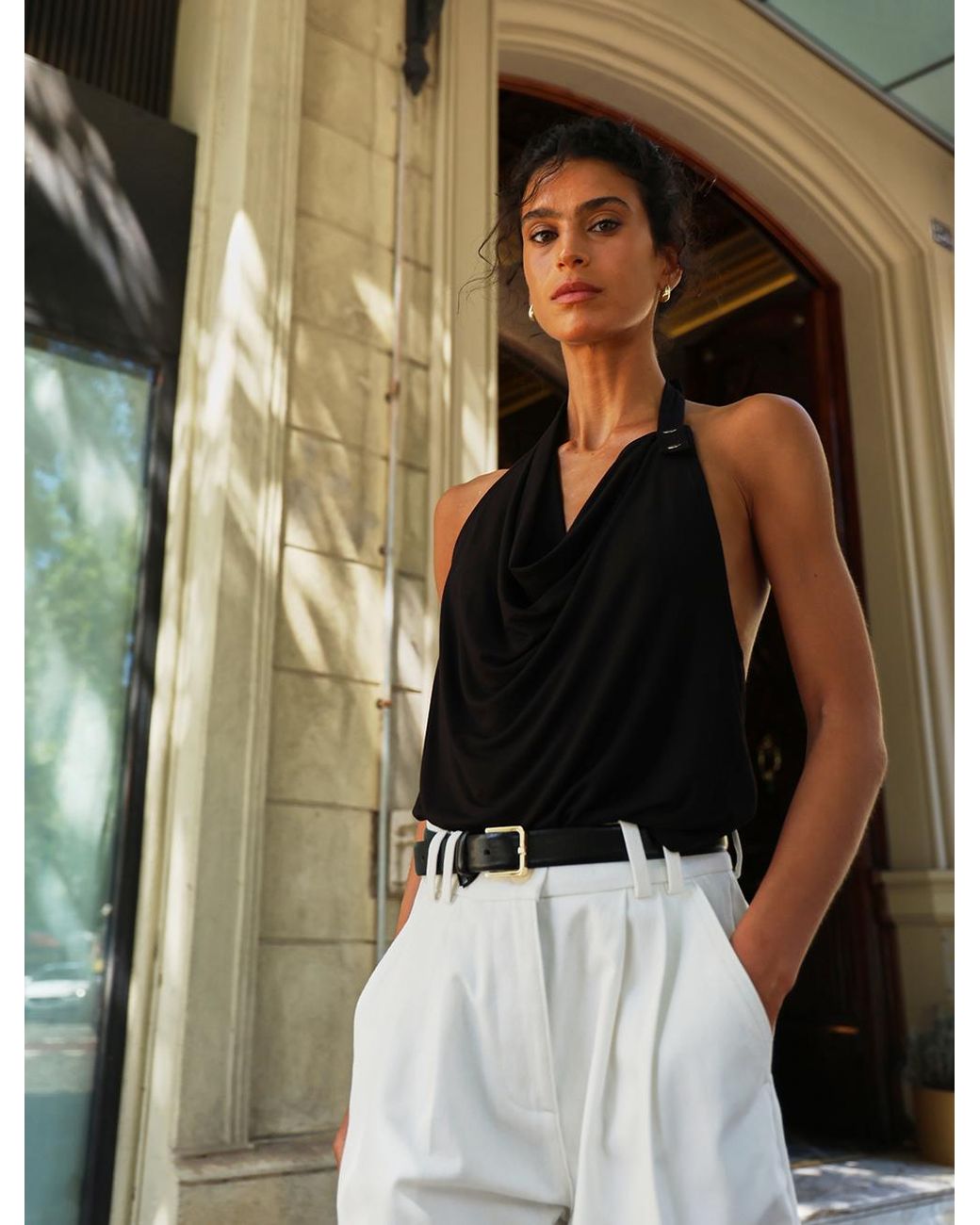 NINETY PERCENT Blue Sierra Drape Front Halter Top In Black