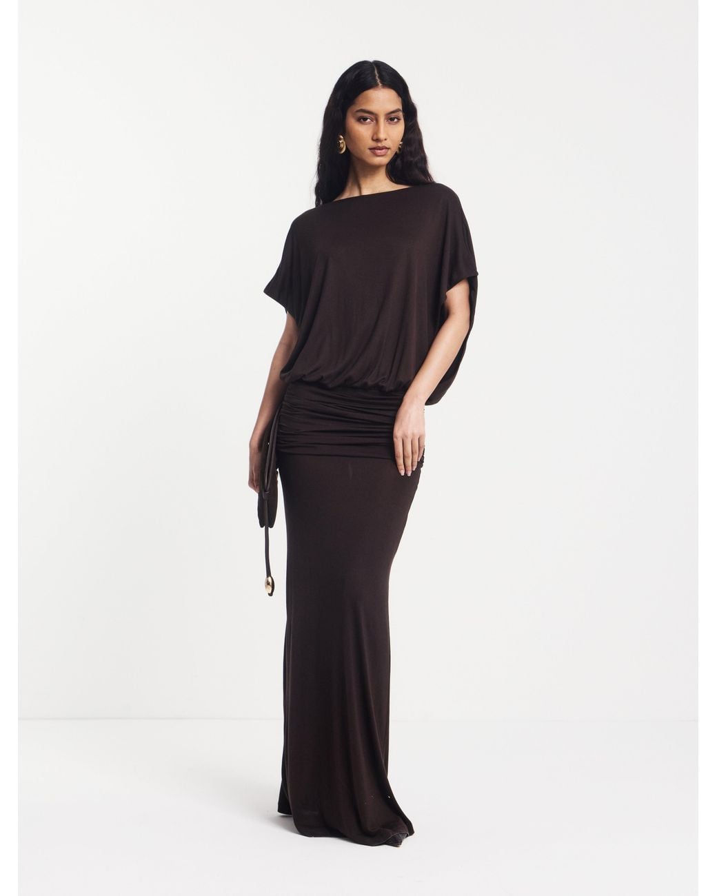 NINETY PERCENT Blue Ramona Blouson Maxi Dress With Full Hem In Bitter Chocolate