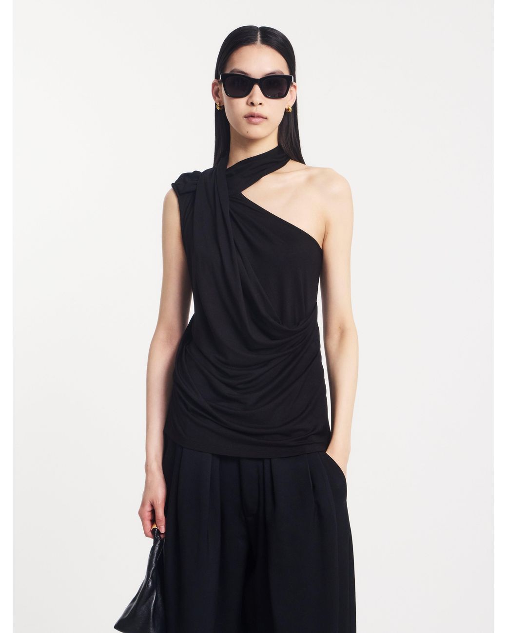 NINETY PERCENT Blue Zora Drape High Neck Top In Black