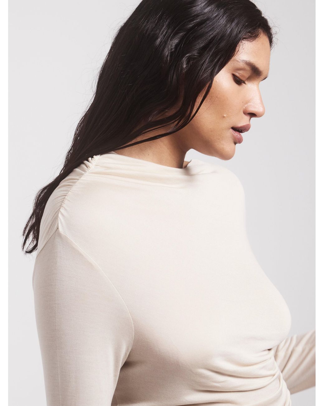 NINETY PERCENT Natural Iphis Draped Long Sleeve Top In Enoki Mushroom