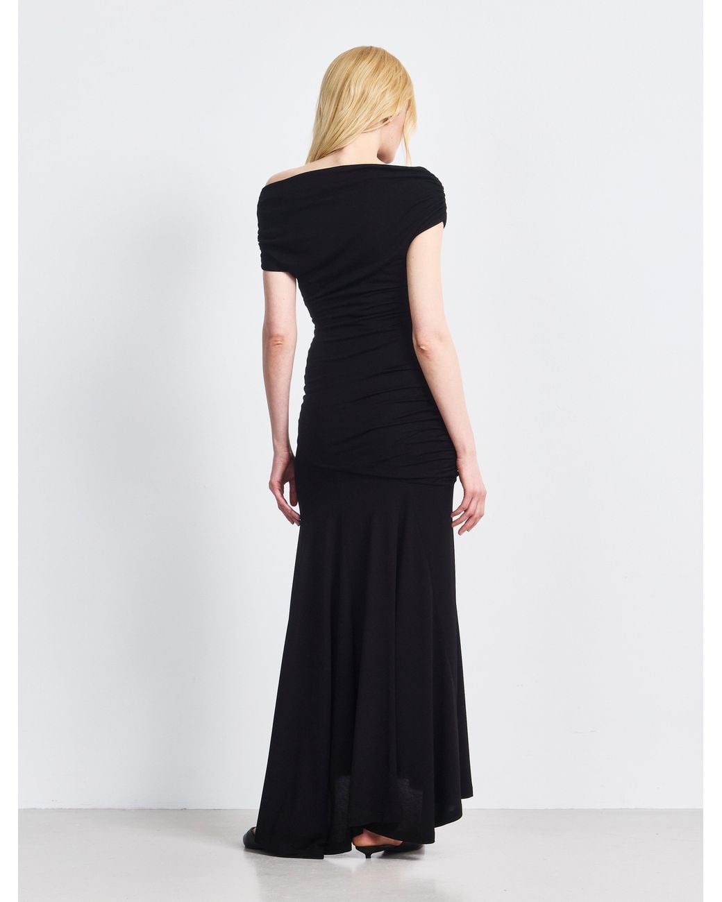 NINETY PERCENT White Lulu Asym Sleeve Tee Column Dress With Asym Ruching In Black