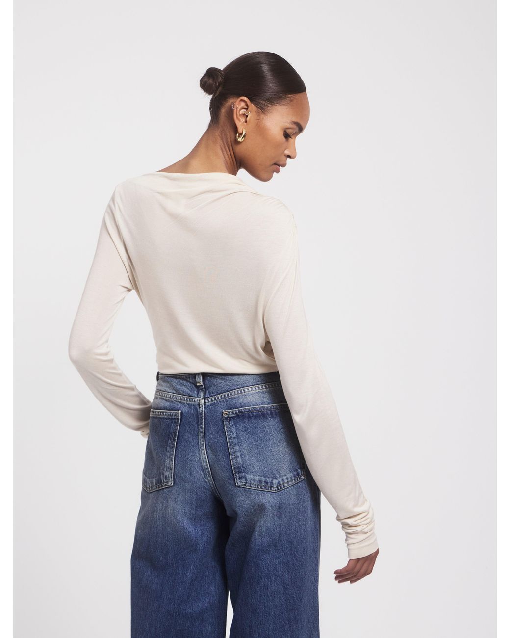 NINETY PERCENT Natural Iphis Draped Long Sleeve Top In Enoki Mushroom