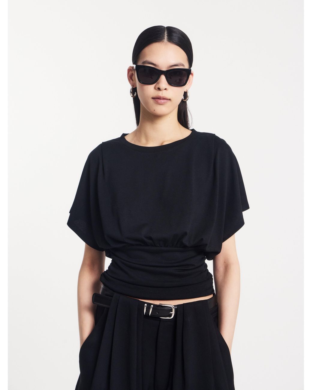 NINETY PERCENT Blue Wren Rouch Hem Tee In Black
