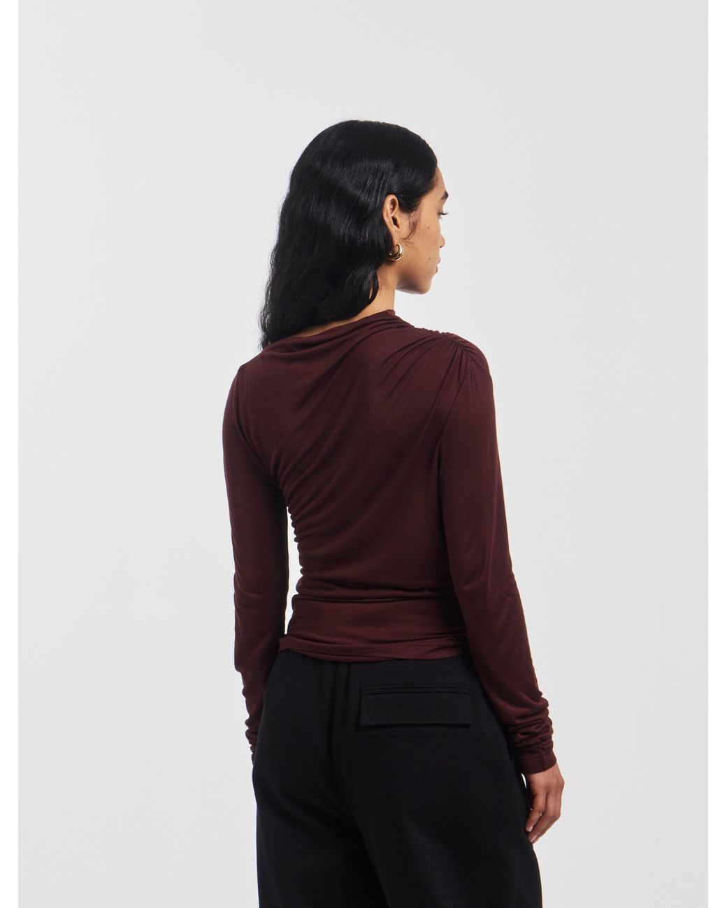 NINETY PERCENT Red Iphis Draped Long Sleeve Top In Bordeaux