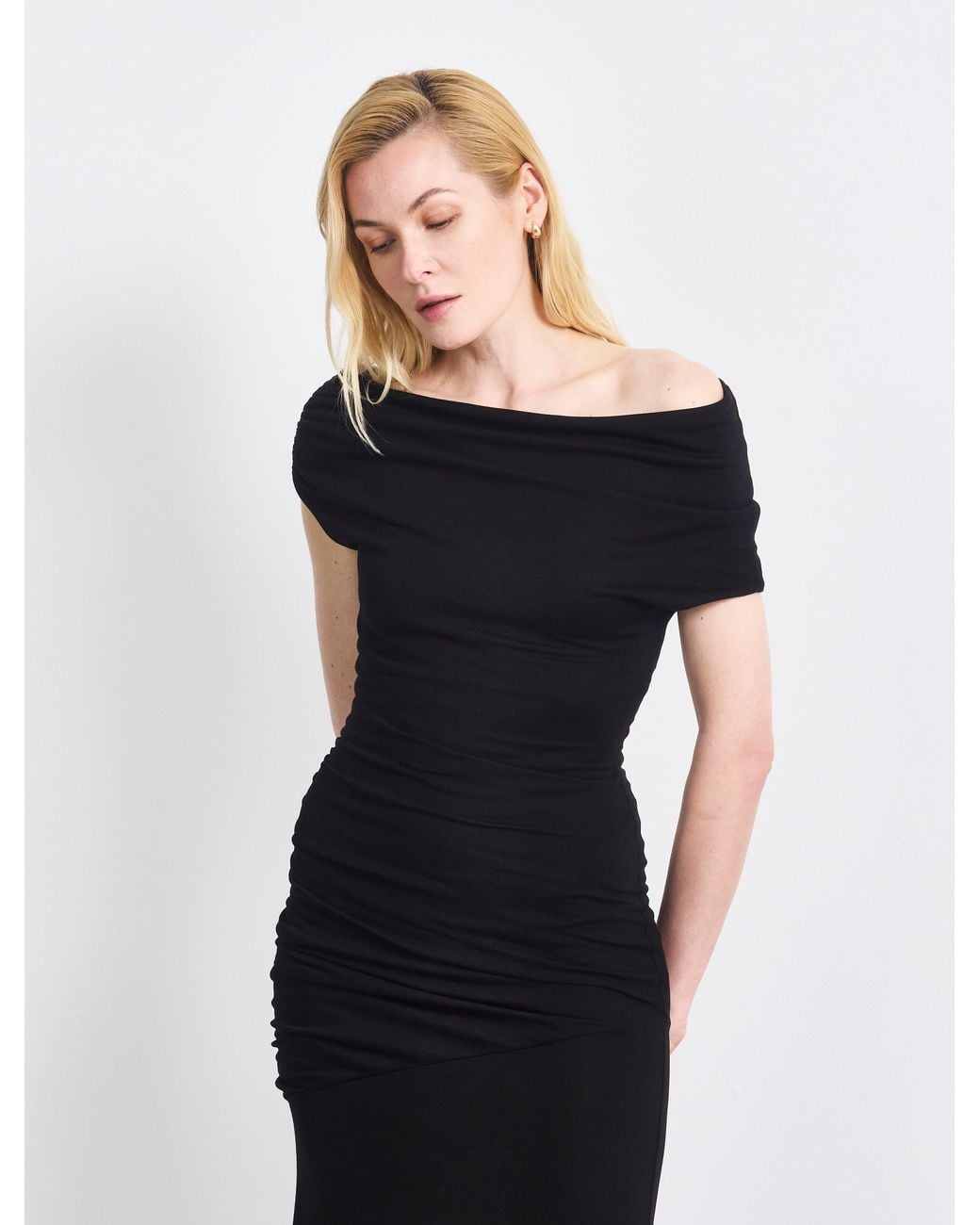 NINETY PERCENT White Lulu Asym Sleeve Tee Column Dress With Asym Ruching In Black