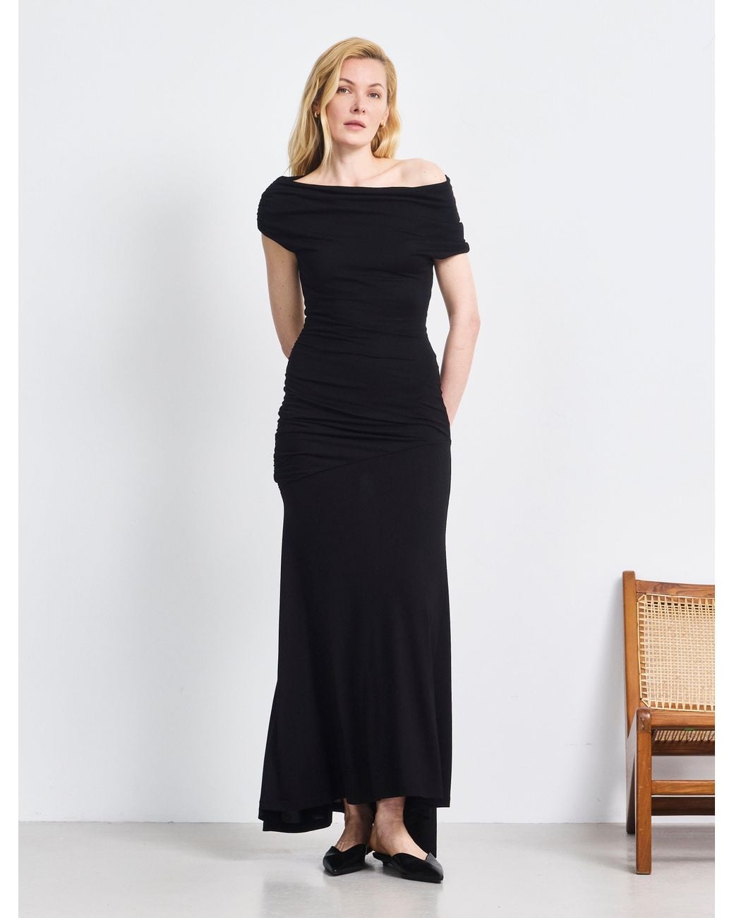 NINETY PERCENT White Lulu Asym Sleeve Tee Column Dress With Asym Ruching In Black