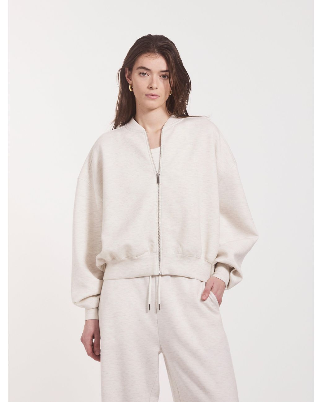 NINETY PERCENT Natural Classic Lounge Zip Jacket In Oatmeal Marl