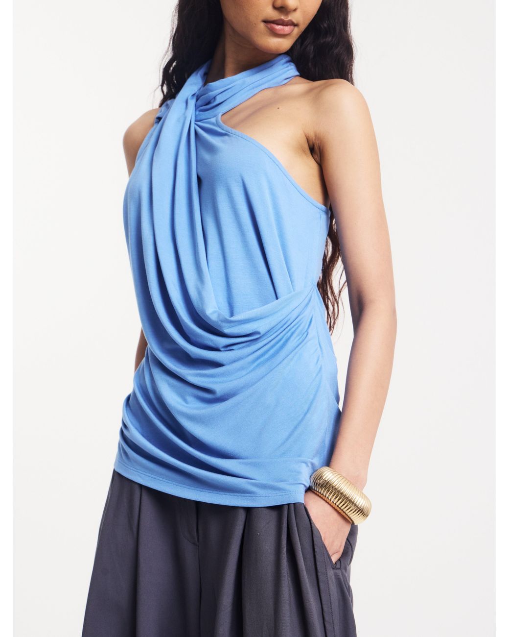 NINETY PERCENT Blue Zora Drape High Neck Top In Cornflower