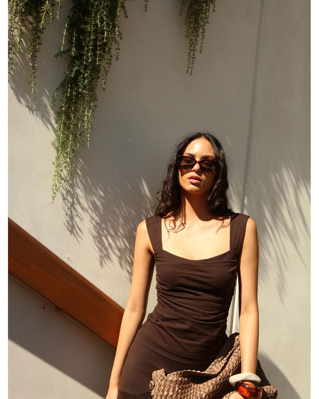 NINETY PERCENT Green Aki Cami Top In Bitter Chocolate