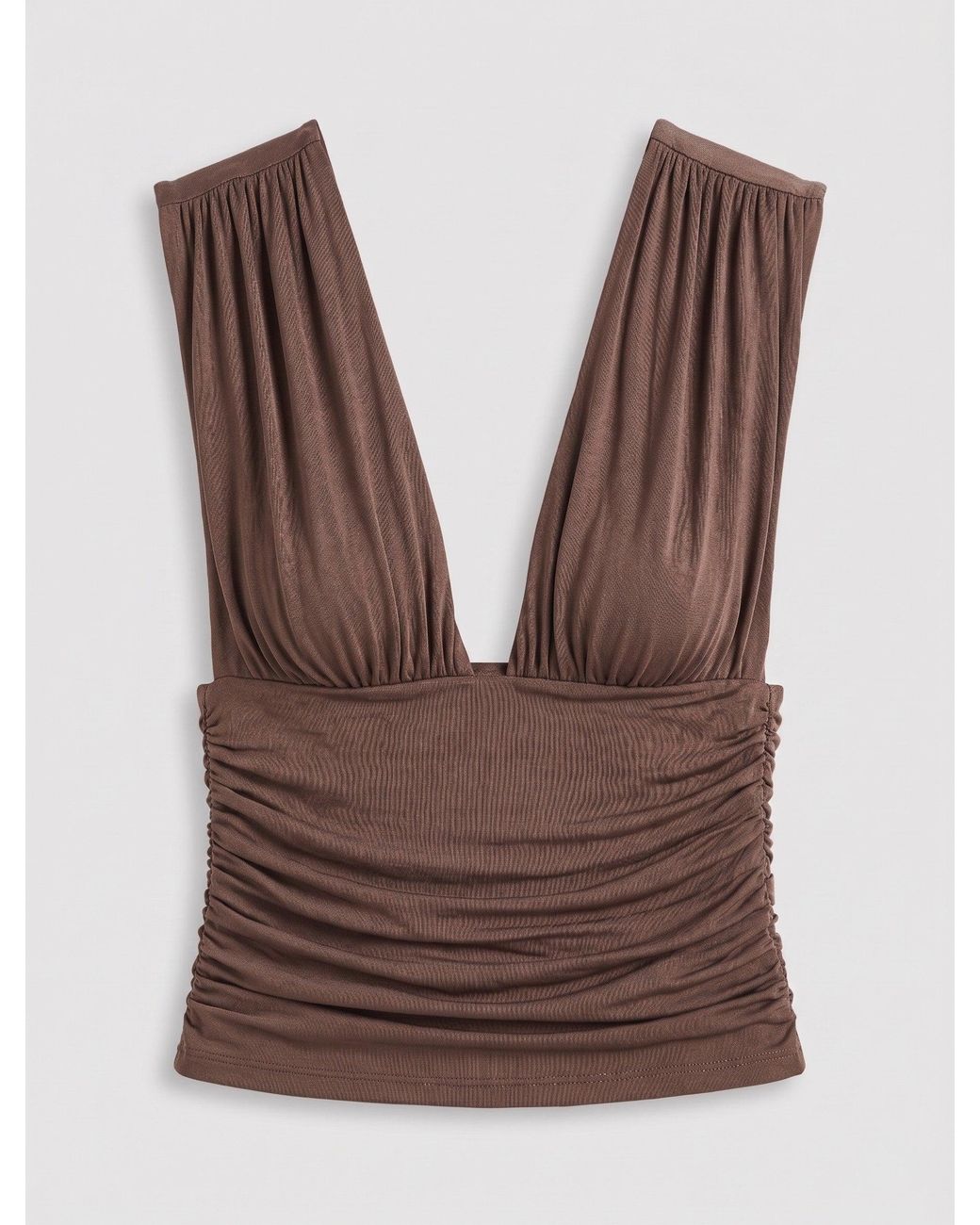 NINETY PERCENT White Orla Low V Neck Rouch Side Top In Mocha