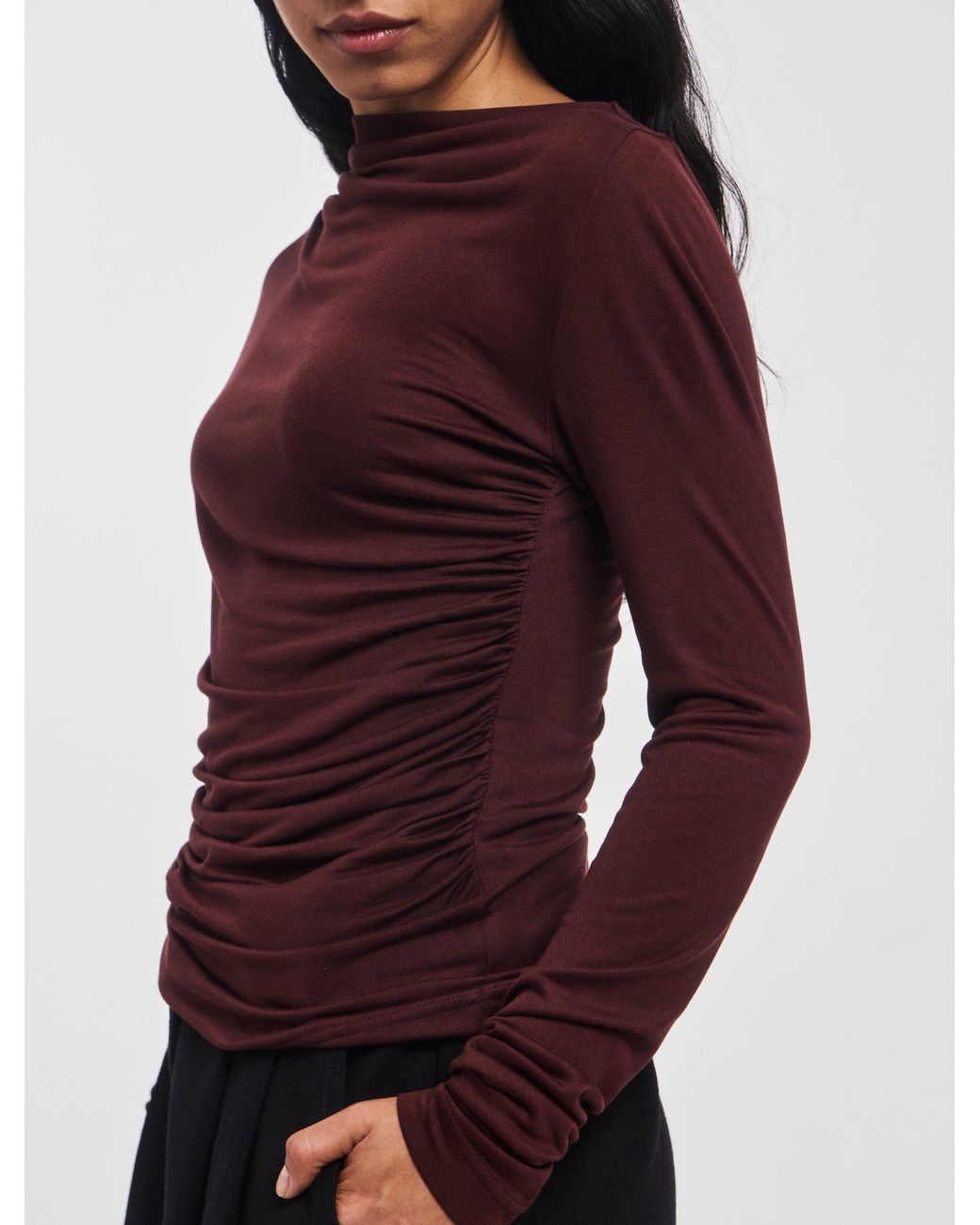 NINETY PERCENT Red Iphis Draped Long Sleeve Top In Bordeaux